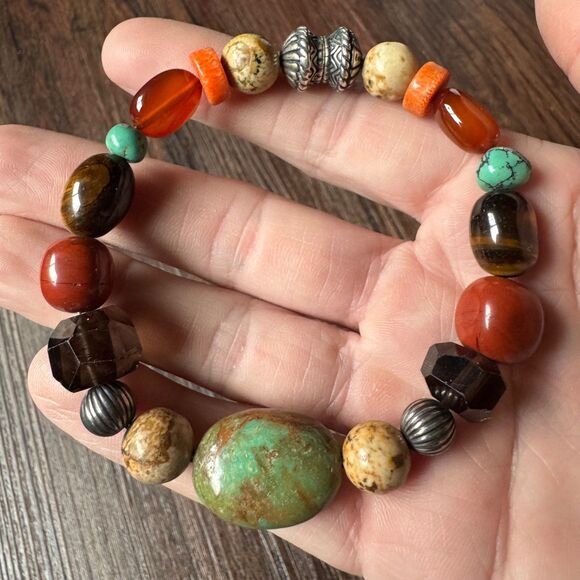 Vintage CAROLYN POLLACK Beaded Multi Gemstone Bracelet Sterling Silver Turquoise - Picture 8 of 12